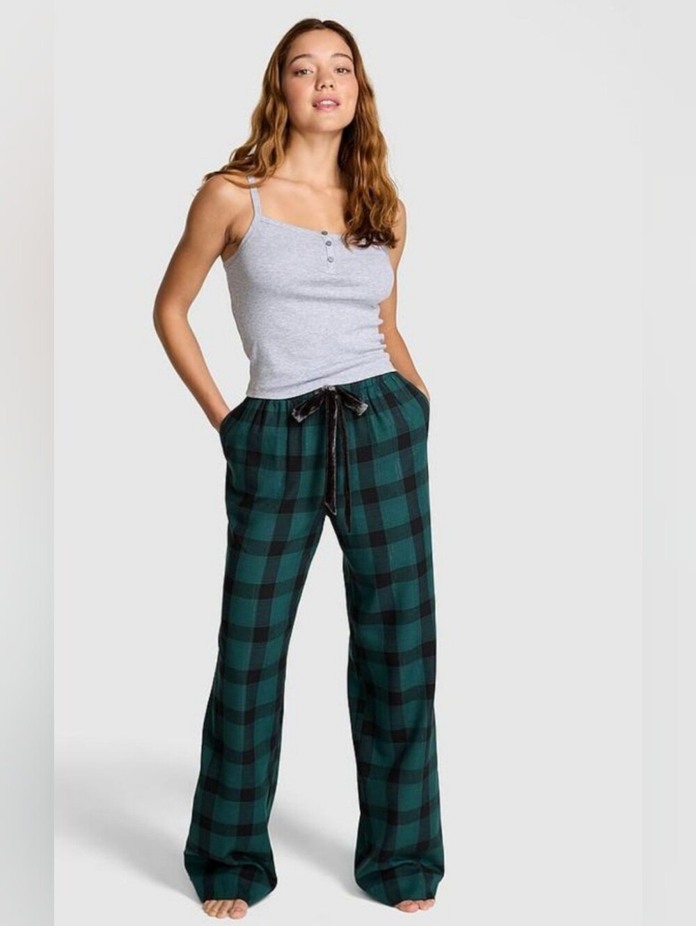 PINK Victoria's Secret Black & Deep Forest Plaid Pajama Pants